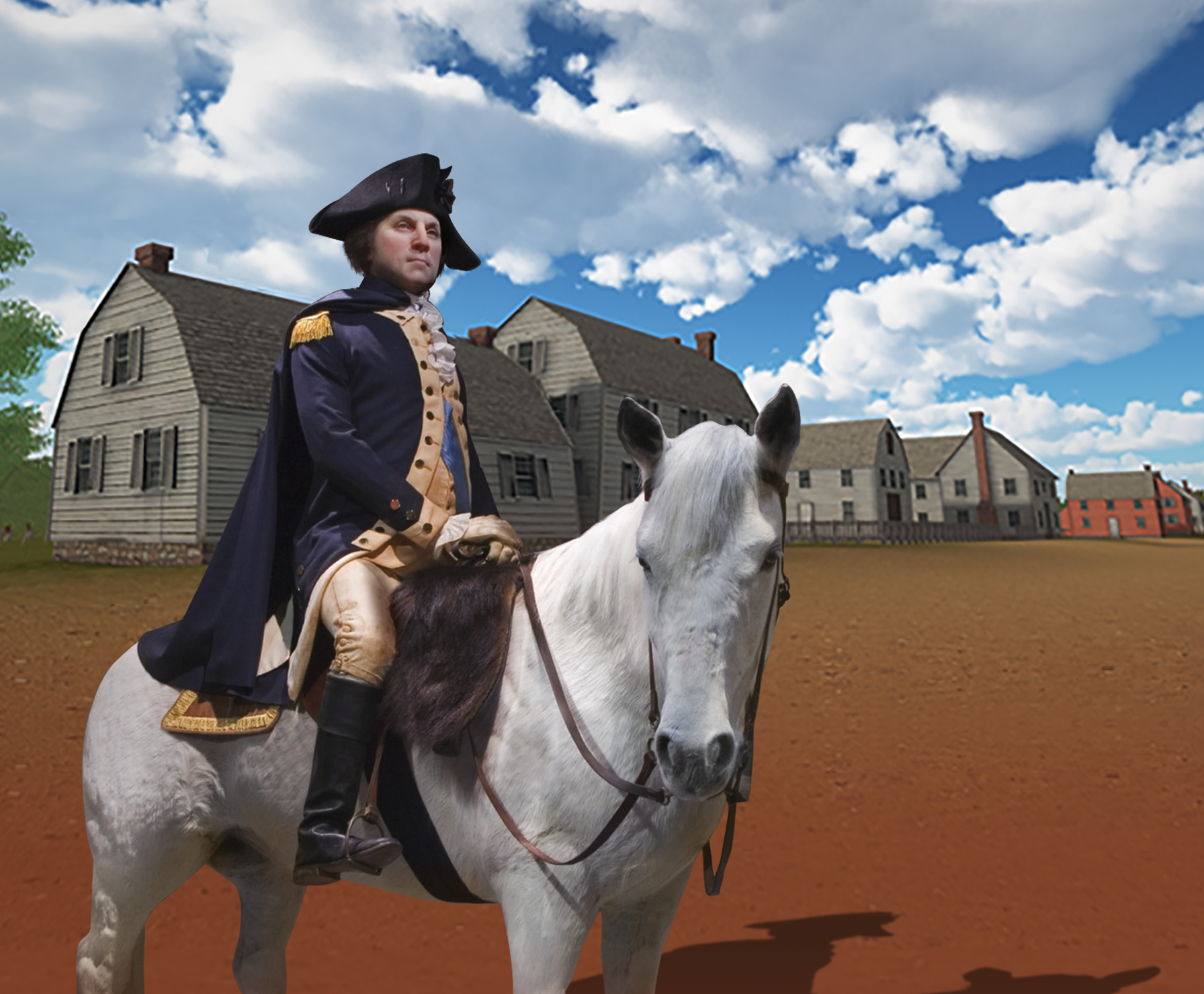 Virtual reality image of George Washington on white horse at Raritan Landing